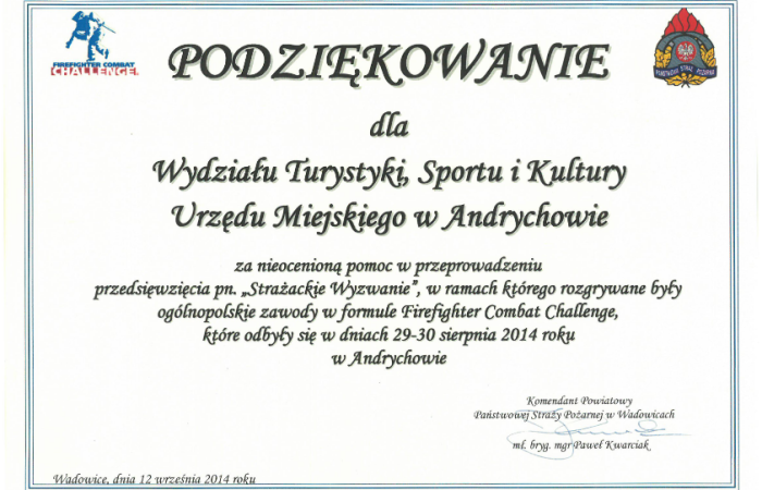 Podziękowania dla Wydziału Turystyki, Sportu i Kultury w Andrychowie