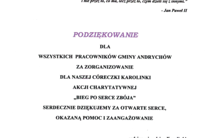 Podziękowania dla Wydziału Turystyki, Sportu i Kultury w Andrychowie